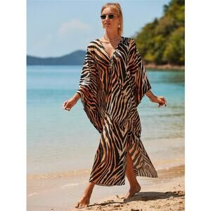 Breezy and Flowing Caftan Cover Up in Animal Print One Size Fits Most